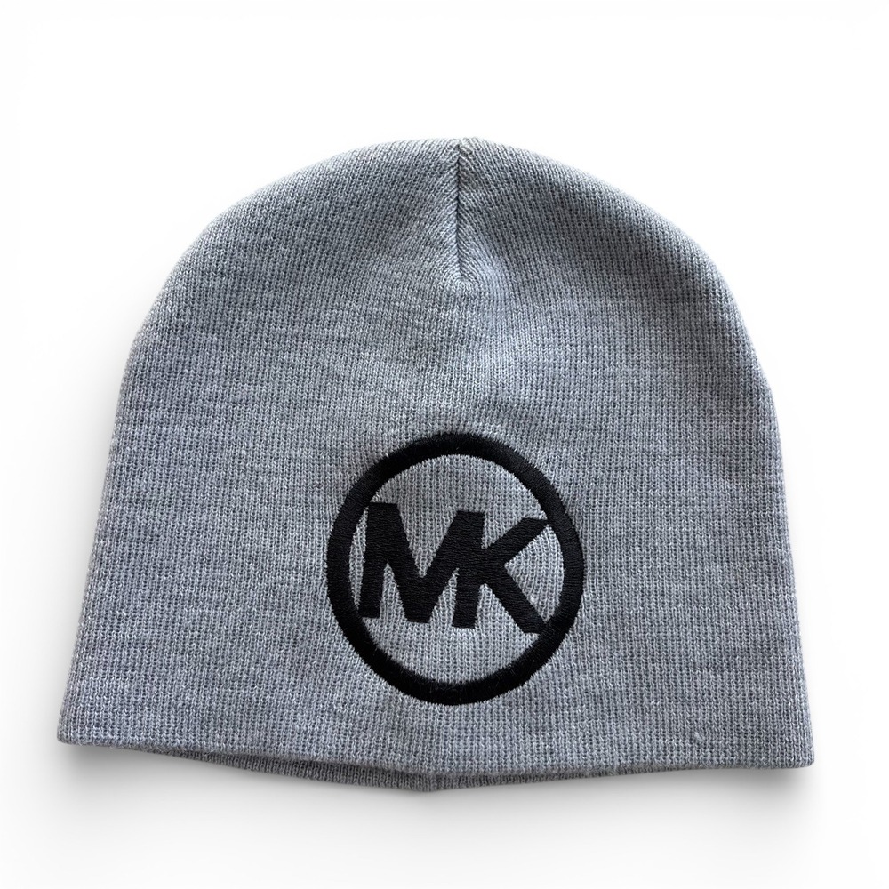 Michael Michael Kors OS Gray & Black, Embroidered MK Circle Logo Knit Beanie Hat